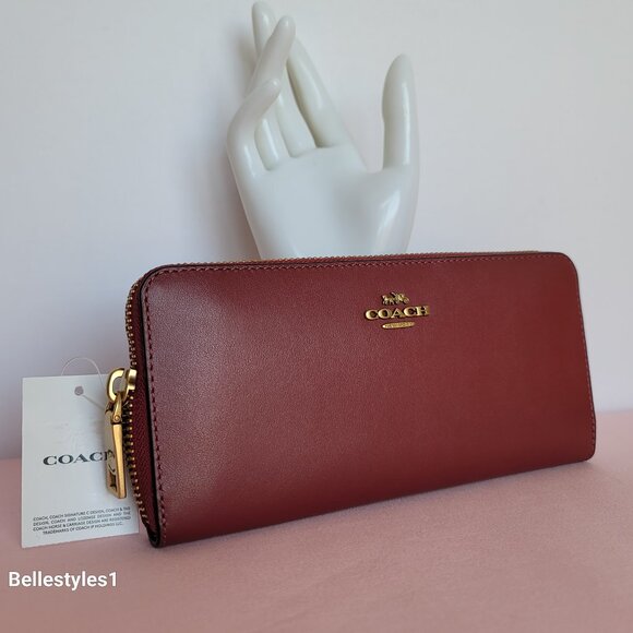 COACH Slim Accordion Smooth Calf Leather Zip-Around Wallet- Cherry color ⭐ - Picture 2 of 16